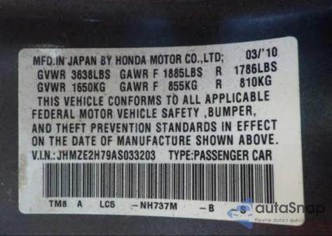 2010 Honda Insight Ex z USA, uszkodzony, nr VIN JHMZE2H79AS033203